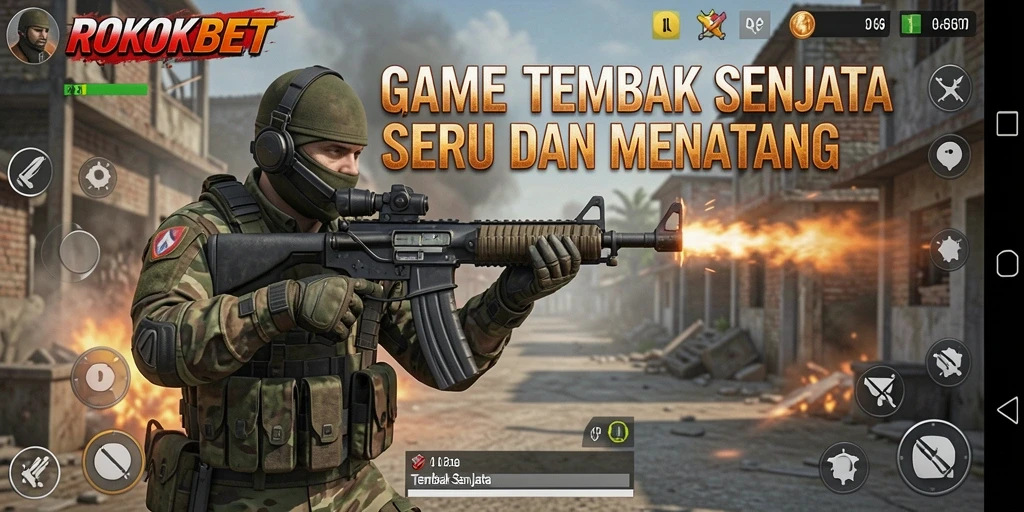 Antarmuka ROKOKBET menampilkan grafis tembak senjata yang menegangkan.